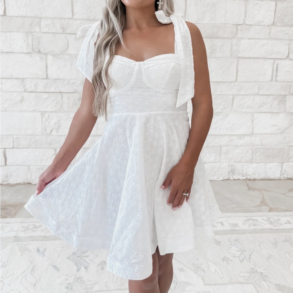 White Eyelet Tie-Shoulder Mini Dress -  Women's